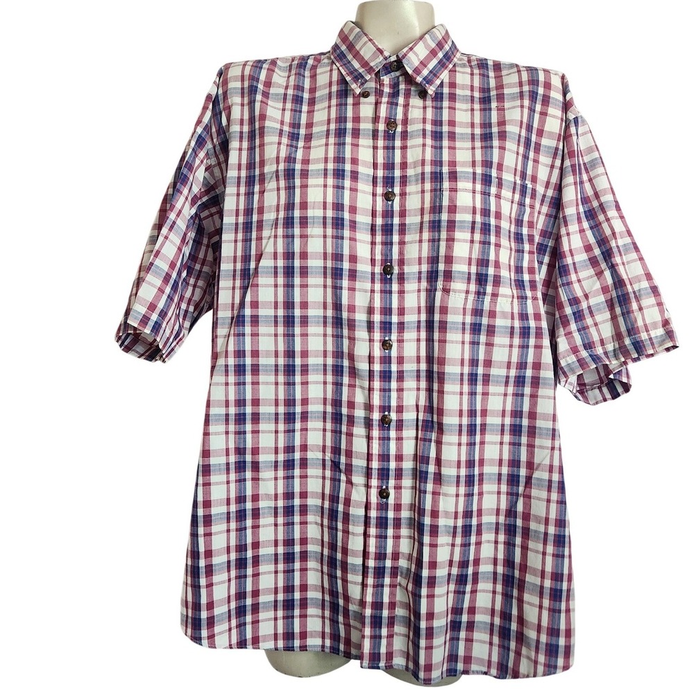 Cambridge Classics Mens XL Short Sleeve Button Down Plaid Shirt Red Navy Blue